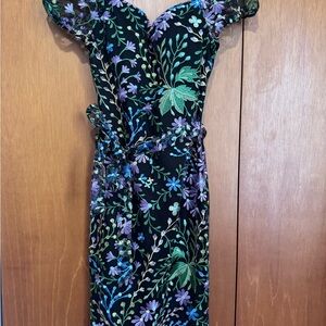 Kensie Black Floral Midi Dress with Green and Lavender Embroidery